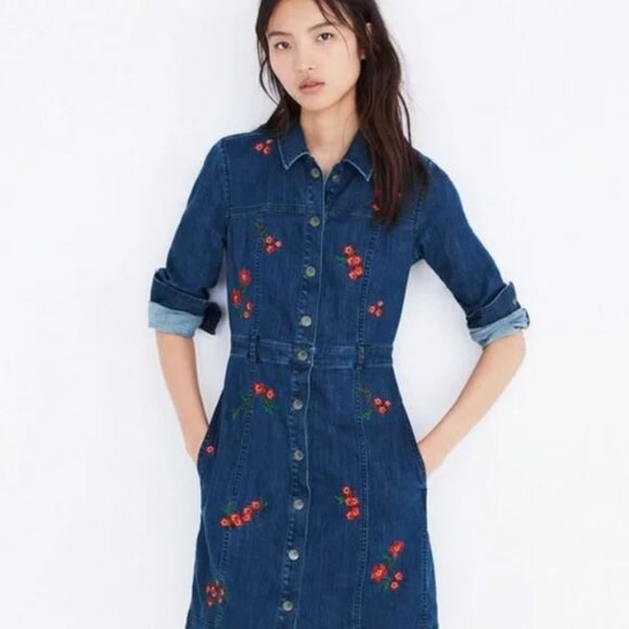 Madewell Dresses & Skirts - Madewell Embroidered Floral Denim Shirt Dress (wear once, pristine condition)